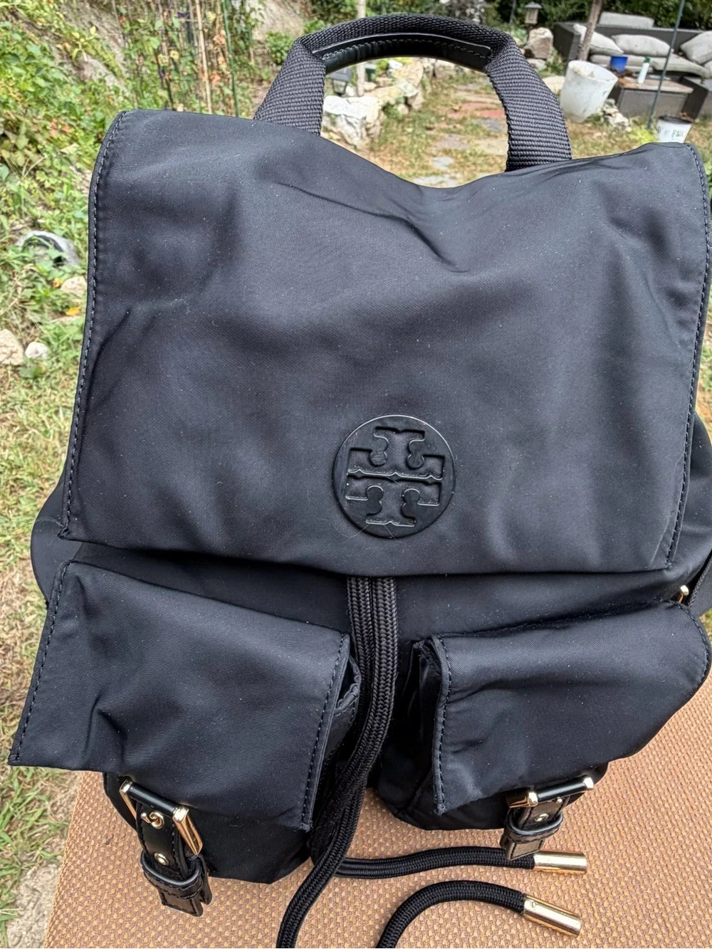 Tory Burch Black Nylon Backpack with Front Pockets Gold hardware Front logo